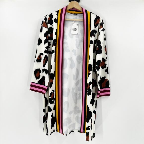 La Mode Cheetah Print Kimono Top with Striped Trim L - Picture 2 of 5